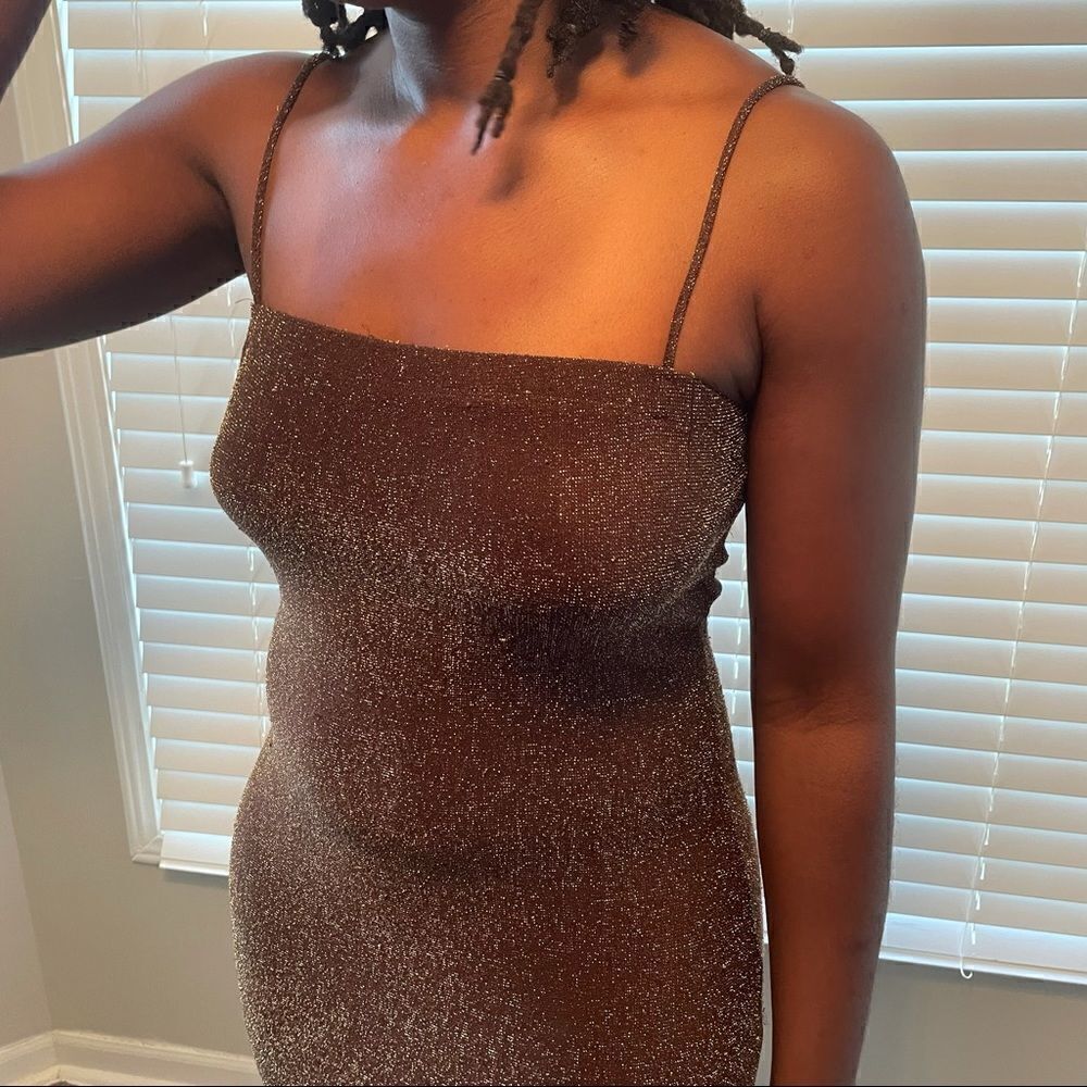 PIA Vintage Brown metallic gold bronze hi-lo dress - Picture 6 of 16